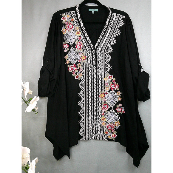 April Sky BOHO Chic Black Floral Embroidered Blouse/Top-Women's 1X - Picture 1 of 10